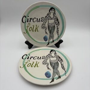 Set of 2 Anthropologie Pia Bramley Circus Folk Salad Dessert Plates 8 1/2" As Is